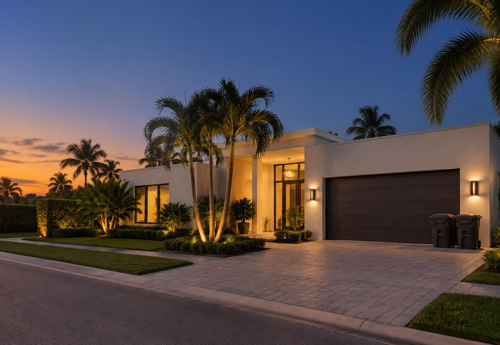 A South Florida home at dusk with two bins neatly put away beside the garage